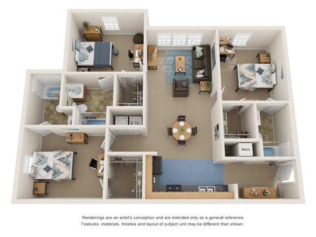 A 3D image of the 3BR/3BA – Classic floorplan, a 1202 squarefoot, 3 bed / 3 bath unit