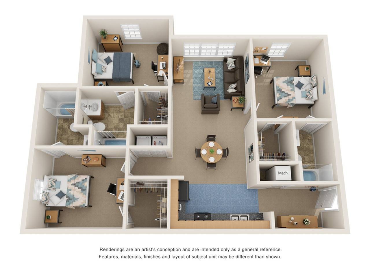 A 3D image of the 3BR/3BA – Bittersweet floorplan, a 1202 squarefoot, 3 bed / 3 bath unit