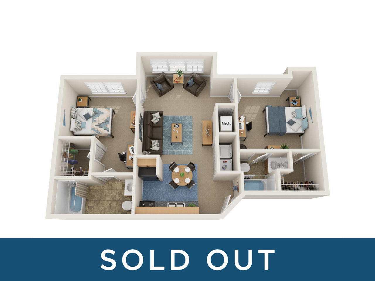 A 3D image of the 2BR/2BA – Stampede floorplan, a 828 squarefoot, 2 bed / 2 bath unit